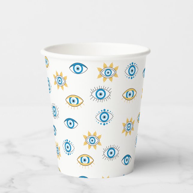 Vasos De Papel Patrón azul, oro y blanco de Mati de ojos griegos (Anverso)