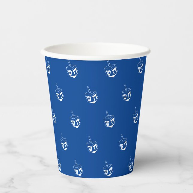 Vasos De Papel Patrón azul y blanco de Dreidel fiesta Hanukkah (Anverso)