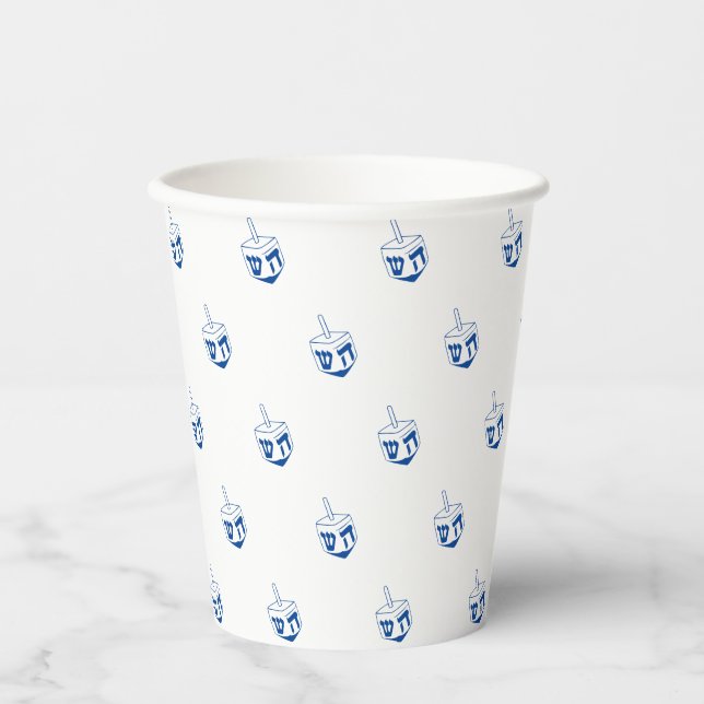 Vasos De Papel Patrón azul y blanco de Dreidel Hanukkah (Anverso)