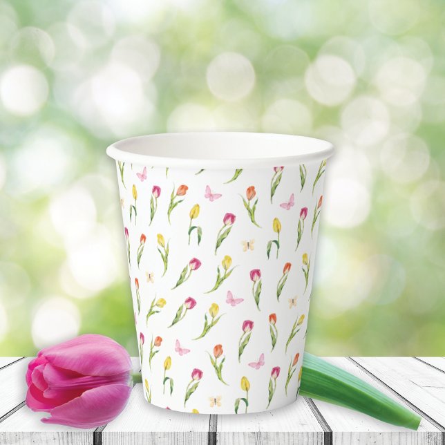 Vasos De Papel Patrón blanco de tulipanes y mariposas (Subido por el creador)