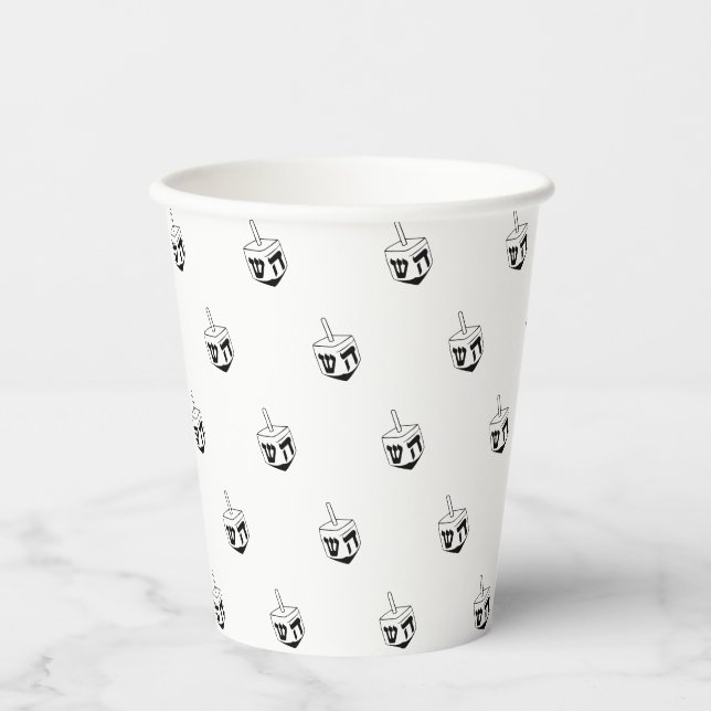 Vasos De Papel Patrón blanco negro de Dreidel Hanukkah moderno (Anverso)