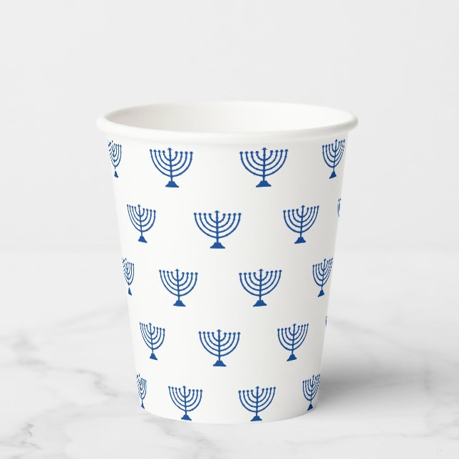 Vasos De Papel Patrón blanco y azul de la menorah judía Hanukkah (Anverso)
