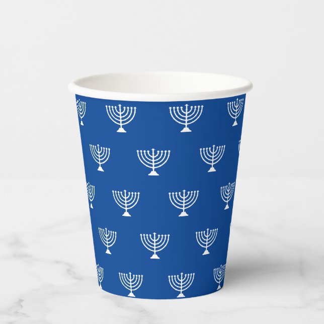Vasos De Papel Patrón blanco y azul de la menorah judía Rosh Hash (Anverso)