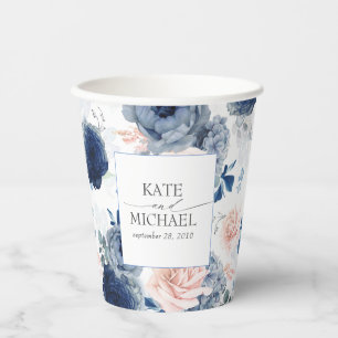 Vasos De Papel Patrón Botánico Floral Azul y Rosa Polvoriento
