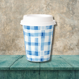 Vasos De Papel Patrón clásico azul y blanco de Gingham revisado