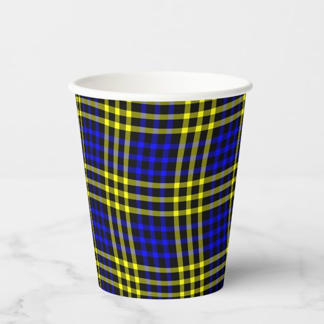 Vasos De Papel Patrón continuo de cuadros azules y amarillos (Anverso)