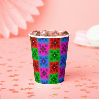 Vasos De Papel Patrón continuo de flores geométricas coloridas, a