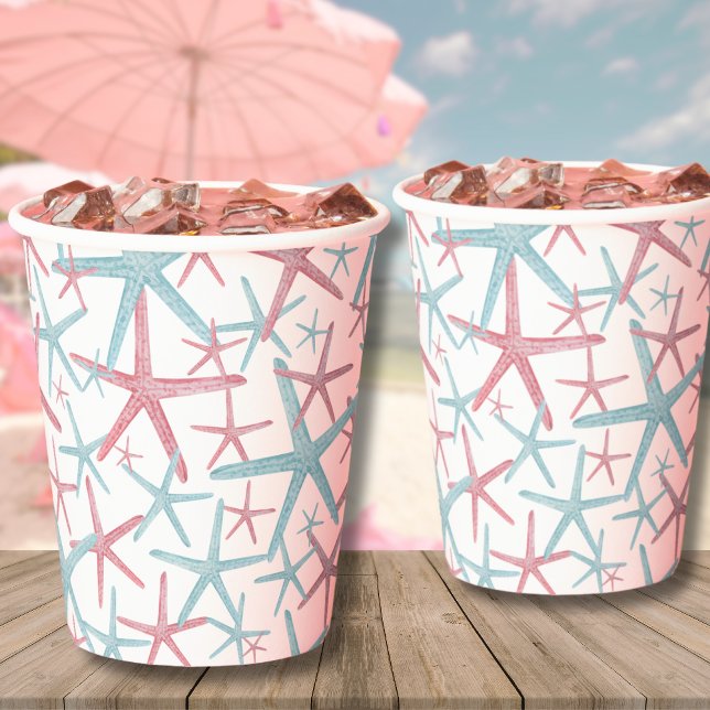Vasos De Papel Patrón costero de playa tropical de verano (Teal Pink Coastal Tropical Starfish Summer Beach Paper Cups)