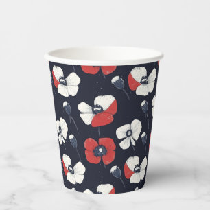 Vasos De Papel Patrón de amapola blanca con acentos rojo y azul