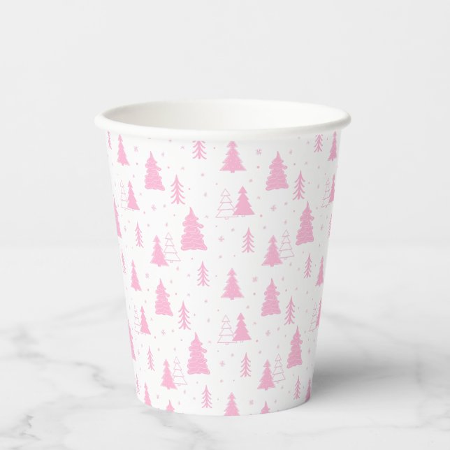 Vasos De Papel Patrón de árbol de Navidad rosa (Anverso)