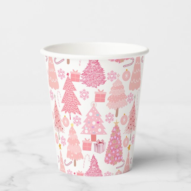 Vasos De Papel Patrón de árboles de Navidad rosados (Anverso)