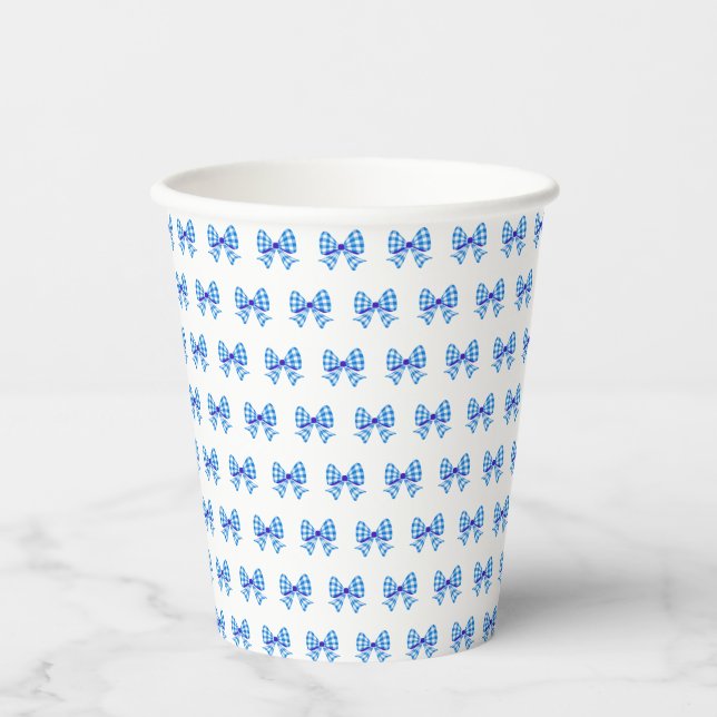 Vasos De Papel Patrón de arco de gingham azul-blanco (Anverso)