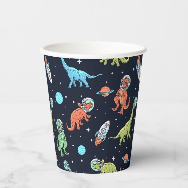 Vasos De Papel Patrón de Astronautas de Dinosaurios Infantiles (Anverso)
