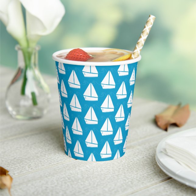 Vasos De Papel Patrón de barco de vela azul claro (in situ)