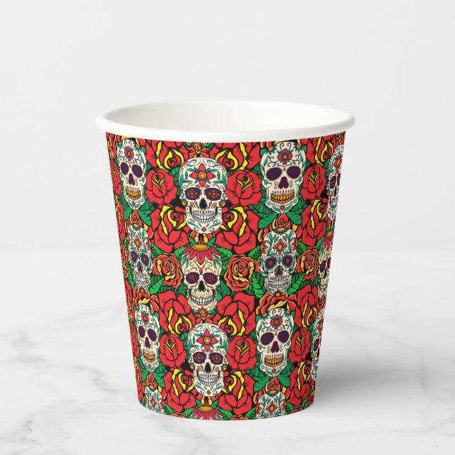 Vasos De Papel Patrón de calaveras florales (Anverso)