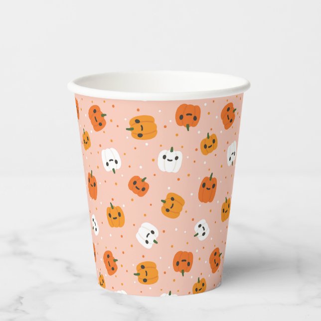 Vasos De Papel Patrón de caras de calabaza kawaii (Anverso)