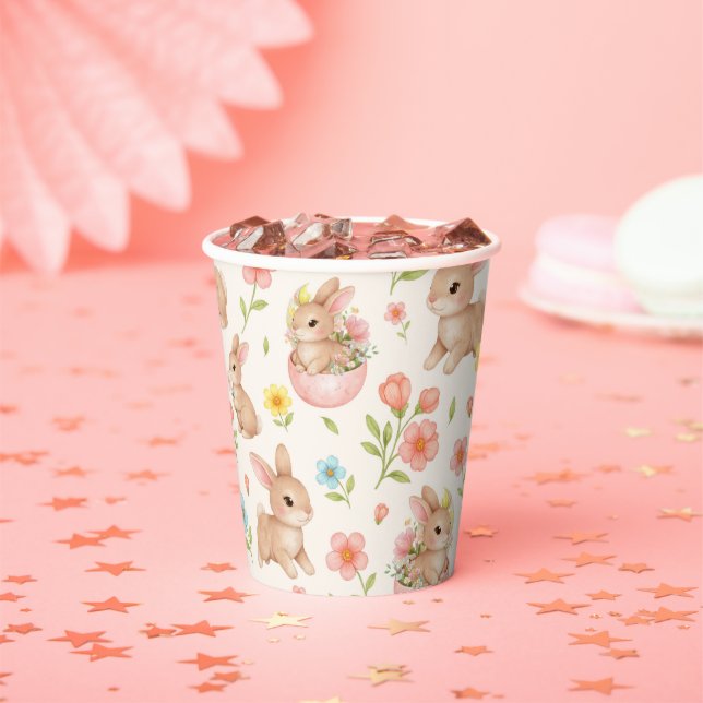 Vasos De Papel Patrón de conejitos y flores lindas (in situ)