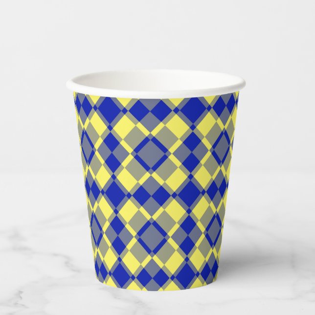 Vasos De Papel Patrón de cuadros argyle azul amarillo (Anverso)