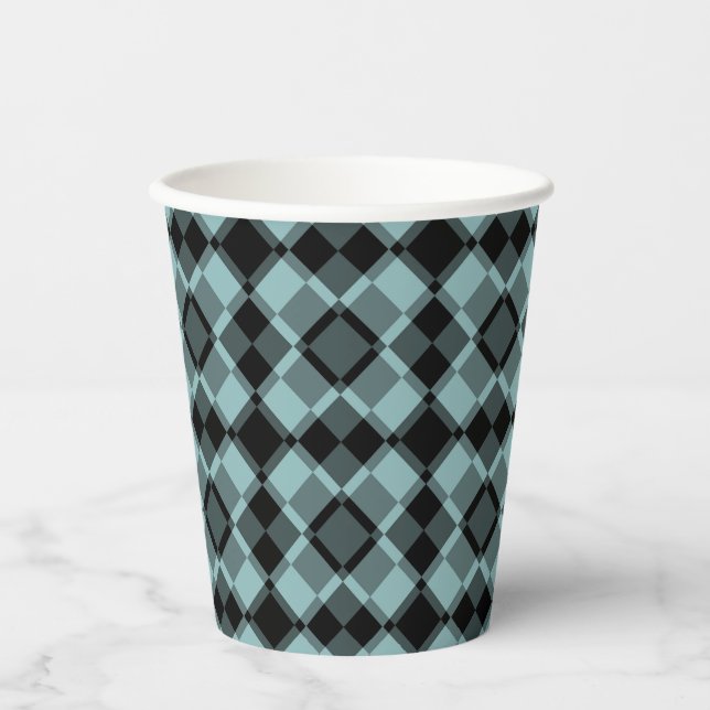 Vasos De Papel Patrón de cuadros Argyle azul negro (Anverso)