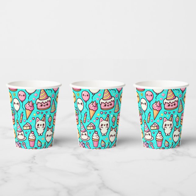 Vasos De Papel Patrón de cumpleaños Kawaii (Multi)