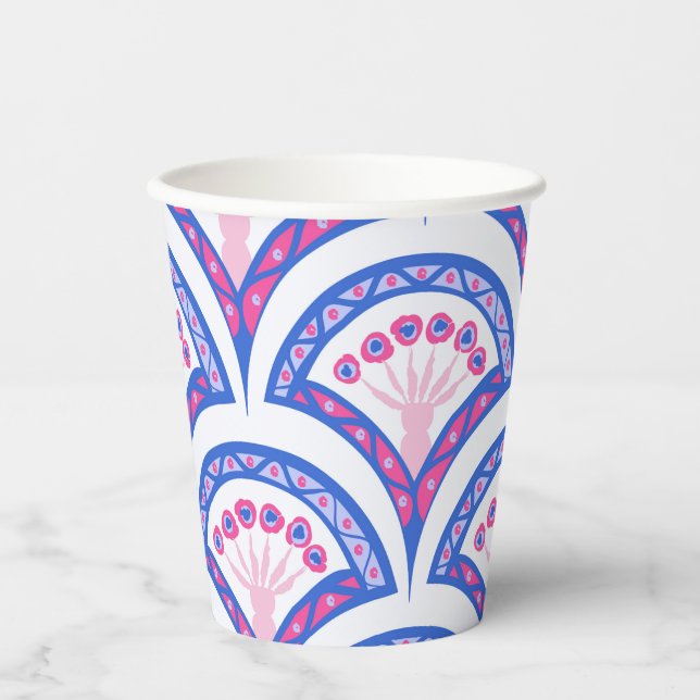 Vasos De Papel patrón de damasco floral azul (Anverso)