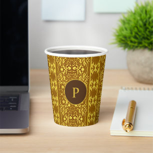 Vasos De Papel Patrón de Damasco marrón y oro decorativo