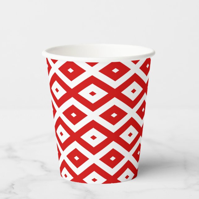 Vasos De Papel Patrón de diamante rojo y blanco (Anverso)