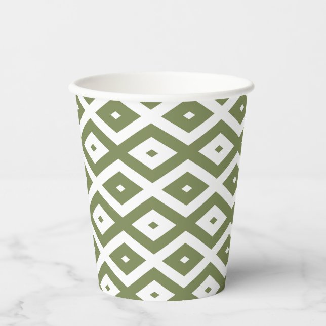 Vasos De Papel Patrón de diamante verde oliva y blanco (Anverso)
