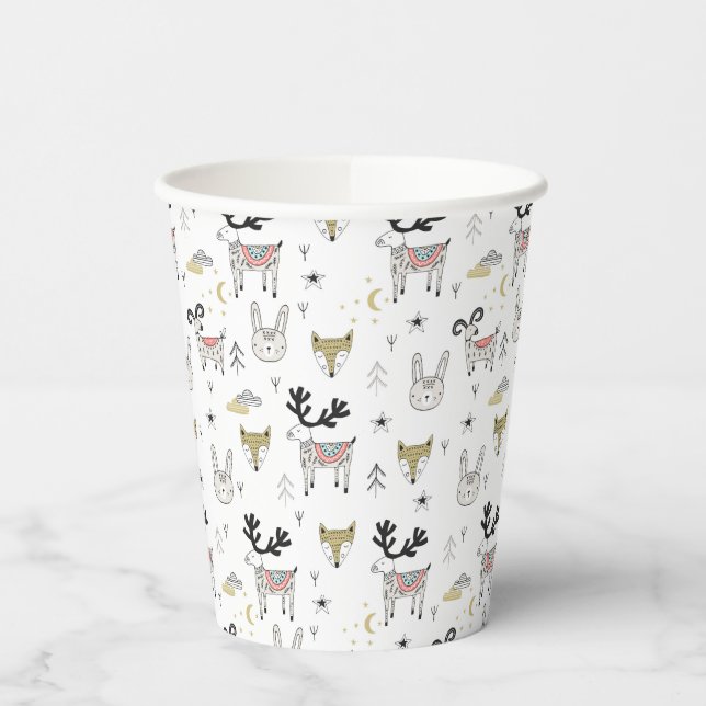 Vasos De Papel Patrón de Doodle Animal de Woodland Cuadros (Izquierda)