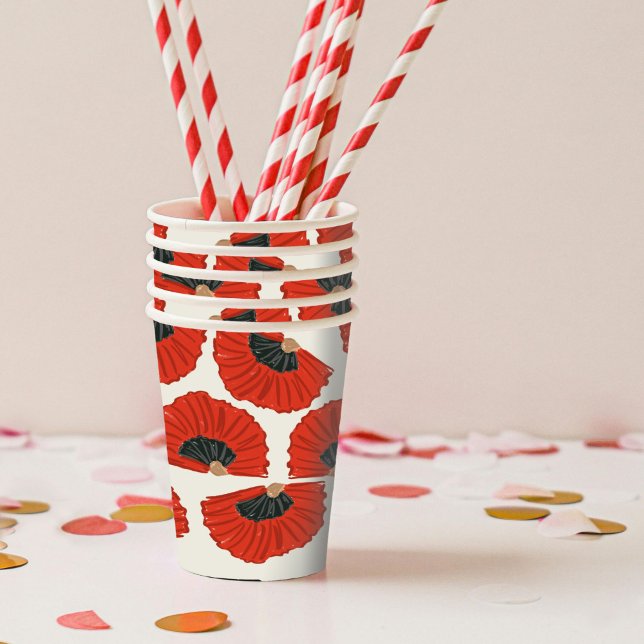 Vasos De Papel Patrón de fans del Flamenco Rojo (Red and black flamenco fans illustration paper party cups.)