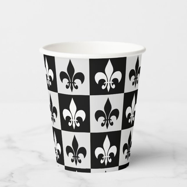 Vasos De Papel Patrón de flor blanco negro controlado-De-Lis (Anverso)