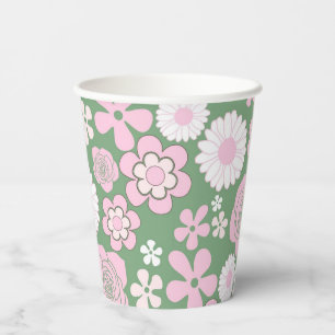 Vasos De Papel Patrón de flor del Y2K 70s del Retro Blanco Rosa V