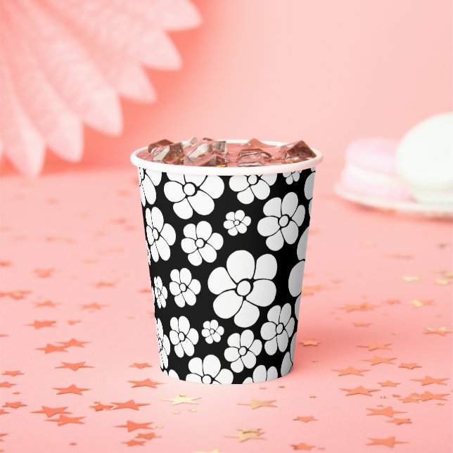 Vasos De Papel Patrón de flor retro en blanco sobre negro (in situ)