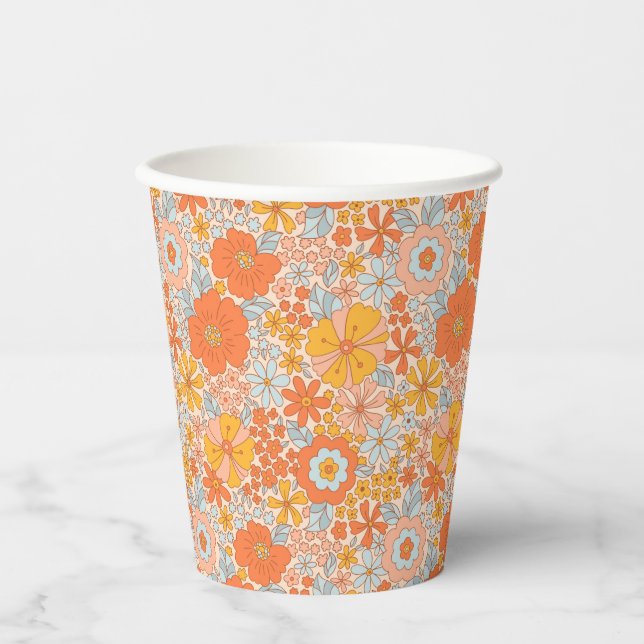 Vasos De Papel Patrón de flor retro naranja (Anverso)