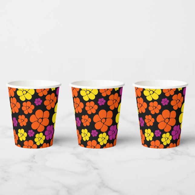 Vasos De Papel Patrón de flores - negro, rosa, Naranja y amarillo (Multi)