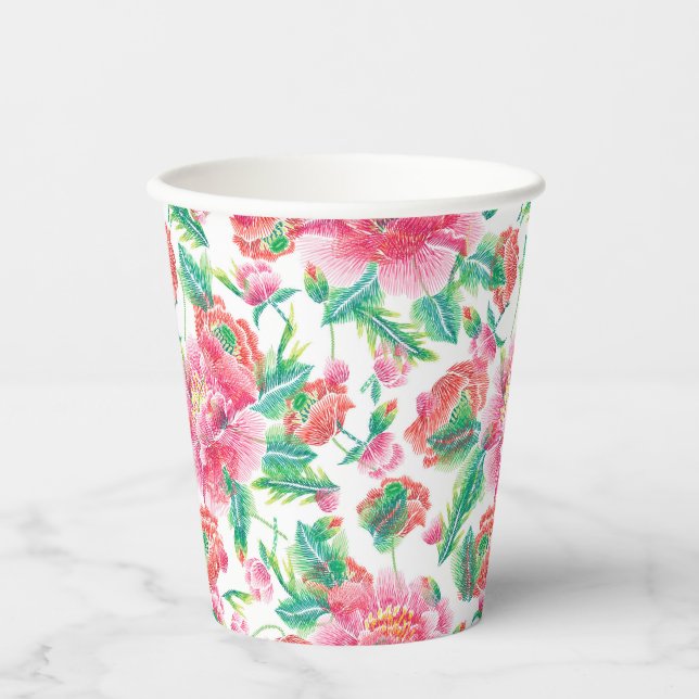 Vasos De Papel Patrón de flores rosadas brillantes (Anverso)