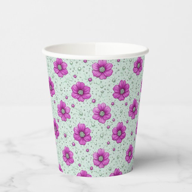 Vasos De Papel Patrón de flores rosadas con gotas (Izquierda)