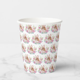 Vasos De Papel Patrón de flores rosas y conejitos de color azul c