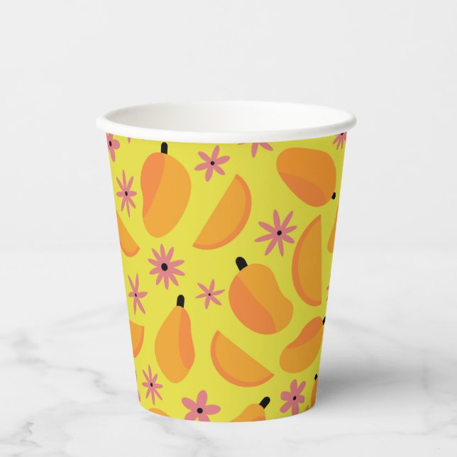 Vasos De Papel Patrón de flores y frutas de mango lindas (Anverso)