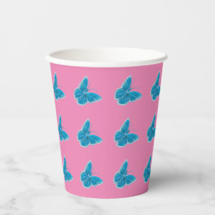 Vasos De Papel Patrón de fluctuación de mariposas azules rosado