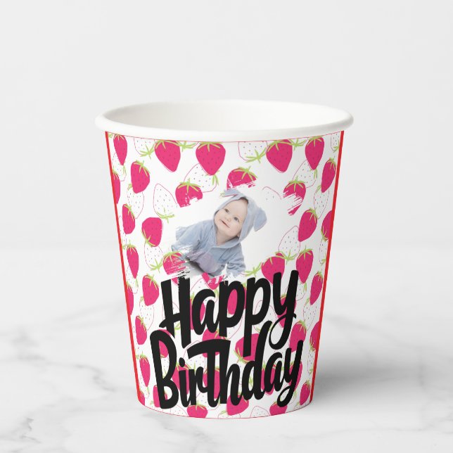 Vasos De Papel Patrón de fresa personalizado Cumpleaños feliz (Anverso)
