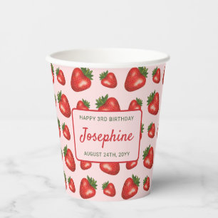 Vasos De Papel Patrón de fresa roja en cumpleaños feliz rosado