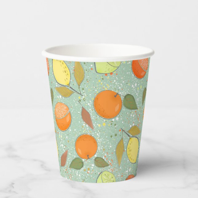 Vasos De Papel Patrón de frutas con limones, naranjas (Anverso)