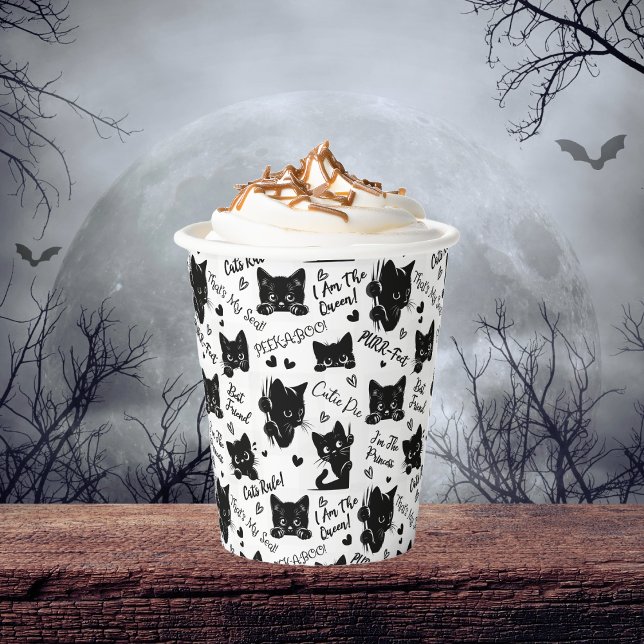 Vasos De Papel Patrón de gatos y dichos negros (Cute Black Cats and Sayings with Hearts Pattern  for Cat Lovers and Halloween Paper Cups)