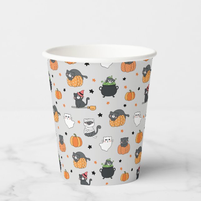 Vasos De Papel Patrón de gatos y fantasmas de Halloween (Anverso)