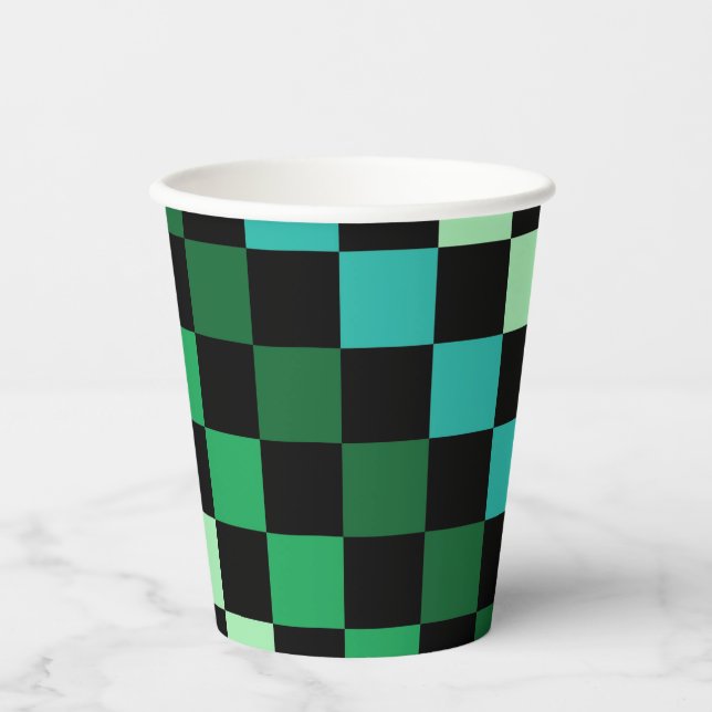 Vasos De Papel Patrón de Gingham de Green Blue Checkered (Anverso)
