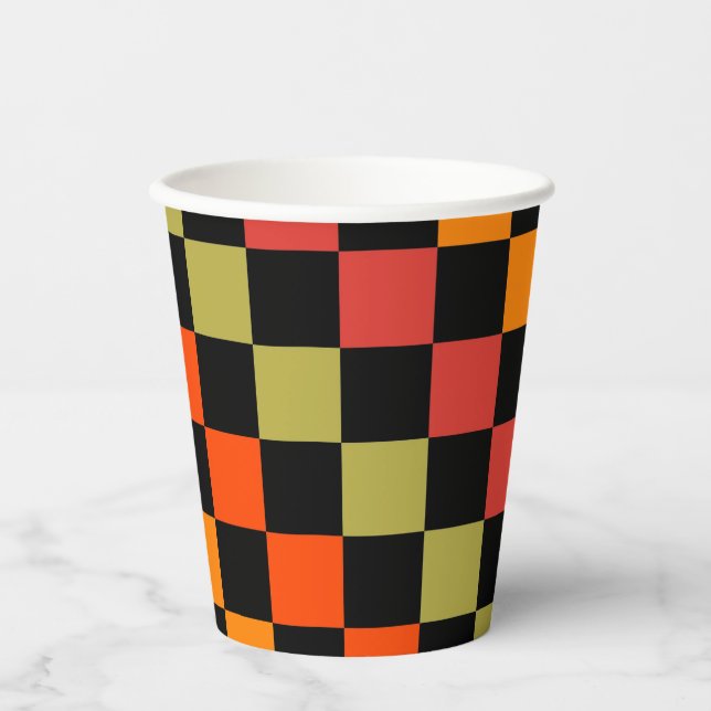 Vasos De Papel Patrón de Gingham de naranja Black Checkered (Anverso)