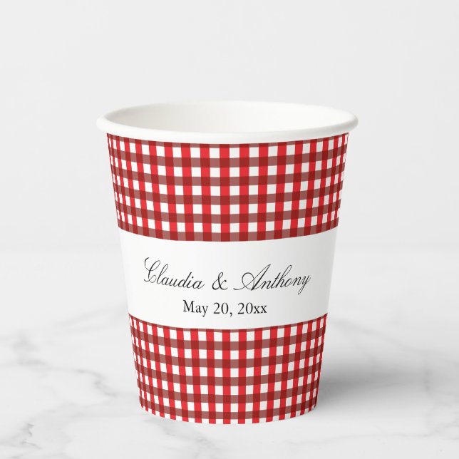 Vasos De Papel Patrón de Gingham rojo y blanco Barbeque Weddingb (Anverso)
