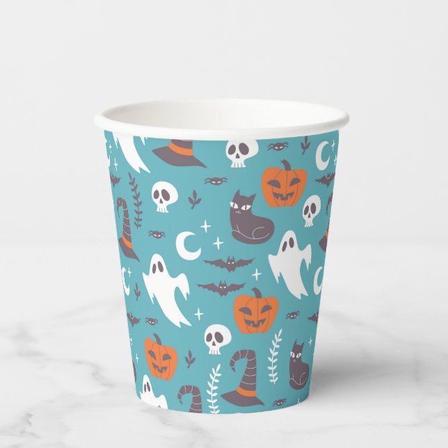 Vasos De Papel Patrón de Halloween de dibujos Verde azulados dive (Anverso)