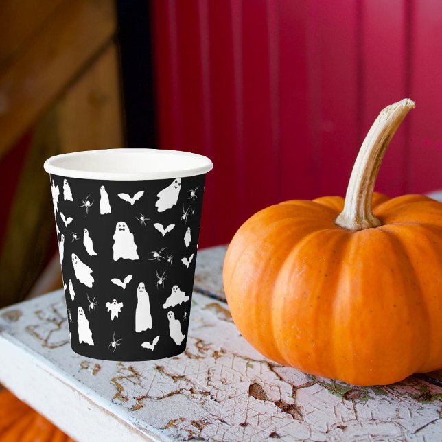 Vasos De Papel Patrón de Halloween de Fantasma Cuta, Bats & Spide (Cute Ghost, Bats & Spiders Halloween Pattern Paper Cups)